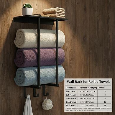 Wall Mounted Towel Rack with Metal Shelf 3 Hooks Bathroom Storage