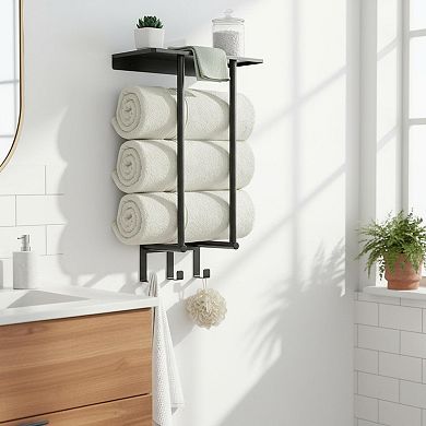Wall Mounted Towel Rack with Metal Shelf 3 Hooks Bathroom Storage