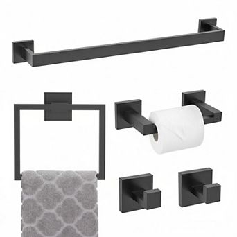 5 pc Bathroom Hardware Set SUS304 Stainless Steel Matte Black Modern Wall-Mounted Towel Bar Rack
