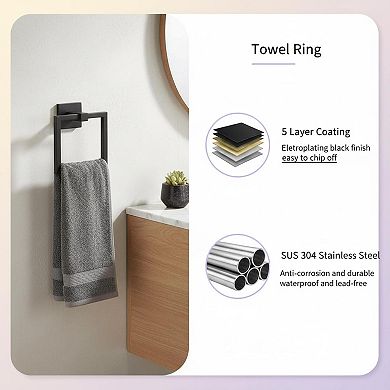 5-Piece Bathroom Hardware Set SUS304 Stainless Steel Matte Black Modern Wall-Mounted Towel Bar Rack