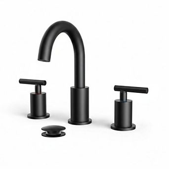 Matte Black Bathroom Sink Faucet 3 Hole Widespread 360 Swivel Spout Pop Up Drain