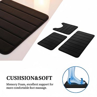 Black Memory Foam 3 Piece Bathroom Rug Set Non Slip Soft Absorbent Washable