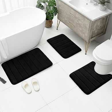 Black Memory Foam 3 Piece Bathroom Rug Set Non Slip Soft Absorbent Washable
