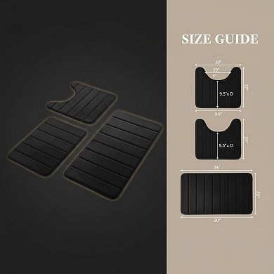 Black Memory Foam 3 Piece Bathroom Rug Set Non Slip Soft Absorbent Washable