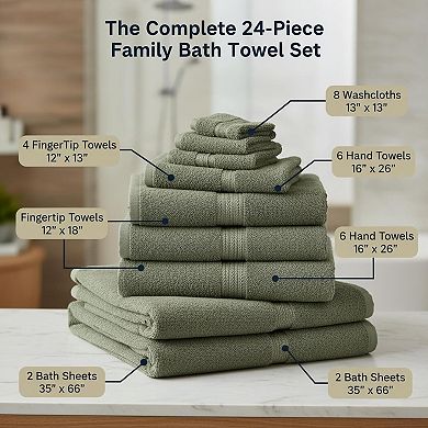 24 Piece Cotton Towel Set Absorbent Durable Soft Bath Hand Washcloth Fingertip Sheets