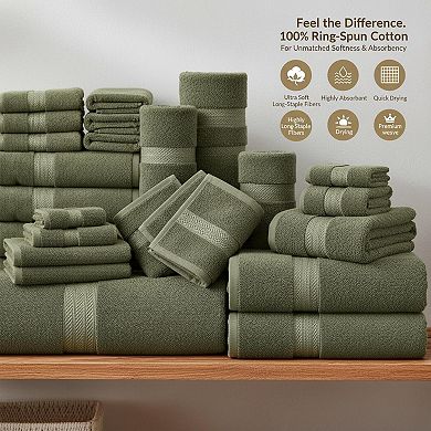 24 Piece Cotton Towel Set Absorbent Durable Soft Bath Hand Washcloth Fingertip Sheets