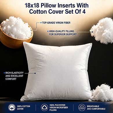 Pillow Inserts Set of 4 Cotton Cover Virgin Microfiber for Couch Sofa Bed
