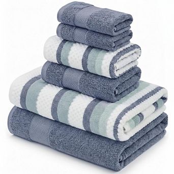 6 pc Reversible Yarn Dyed Jacquard Towel Set Super Absorbent Quick Dry Combed Cotton