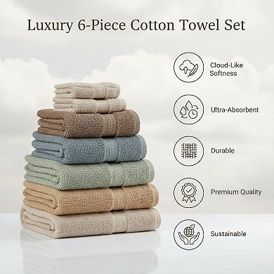 6-Piece Cotton Towel Set 600 GSM Plush Absorbent Long-Staple Jacquard Terry