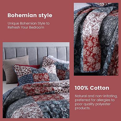 100% Cotton Patchwork Reversible Boho Bedding Set With Pillow Shams Lightweight Year Round Quilt Set