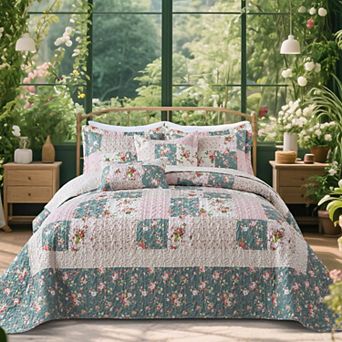 Boho Floral Farmhouse Quilt Set Soft Lightweight Reversible Coverlet Bedding