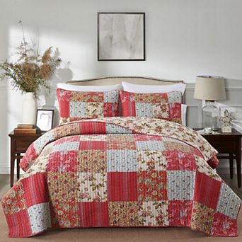 100% Cotton Patchwork Reversible Bedding Quilt Set With Pillow Shams Lightweight Boho Bedroom Decor
