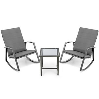 Costway 3 pc Patio Rattan Rocking Chair Table Furniture Set Yard Cushion
