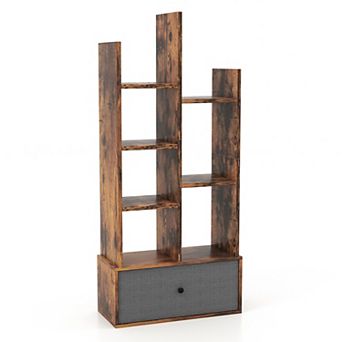 Costway Industrial Bookshelf Rustic Wooden Shelf Organizer with Non-woven Fabric Drawer