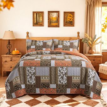 Boho Stripe Paisley Cotton Quilt Bedding Set Soft Lightweight Bedspread