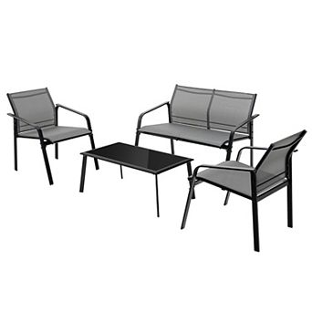 Costway 4 pc Patio Furniture Set Loveseat Sofas Armrest Glass Table Deck
