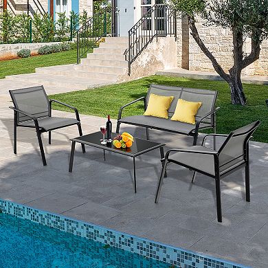Costway 4 PCS Patio Furniture Set Loveseat Sofas Armrest Glass Table Deck