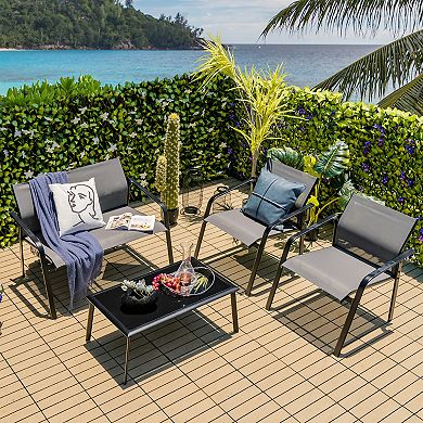 Costway 4 PCS Patio Furniture Set Loveseat Sofas Armrest Glass Table Deck