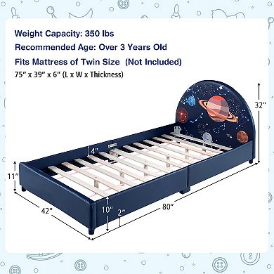 Costway Kids Upholstered Platform Bed Children Twin Size Wooden Bed Galaxy Pattern