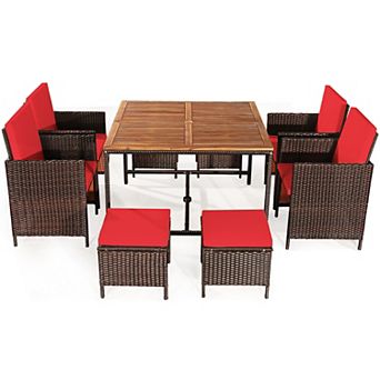 Costway 9 pc Patio Rattan Dining Set Cushioned Chairs Ottoman Wood Table Top Outdoor