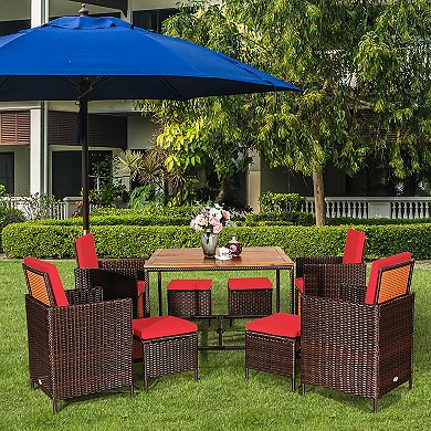 Costway 9PCS Patio Rattan Dining Set Cushioned Chairs Ottoman Wood Table Top Outdoor