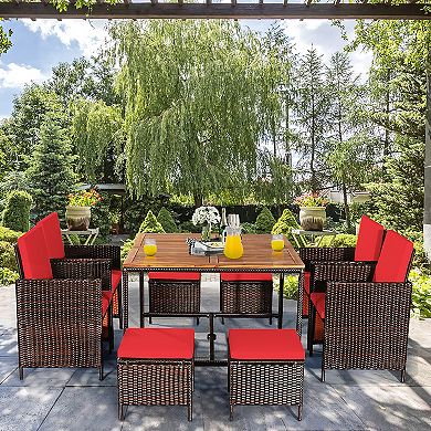 Costway 9PCS Patio Rattan Dining Set Cushioned Chairs Ottoman Wood Table Top Outdoor