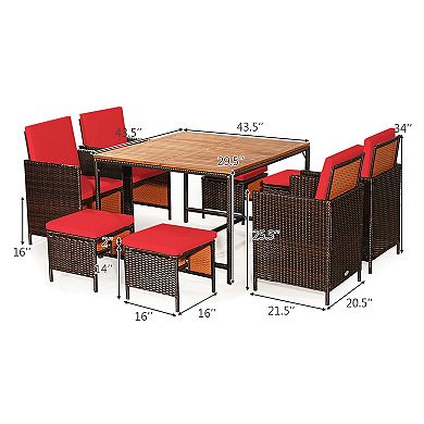 Costway 9PCS Patio Rattan Dining Set Cushioned Chairs Ottoman Wood Table Top Outdoor