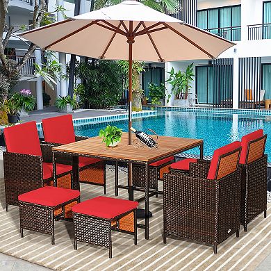 Costway 9PCS Patio Rattan Dining Set Cushioned Chairs Ottoman Wood Table Top Outdoor