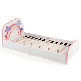 Costway Kids Upholstered Platform Bed Children Twin Size Wooden Bed Rainbow Pattern
