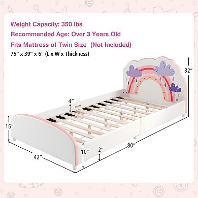 Costway Kids Upholstered Platform Bed Children Twin Size Wooden Bed Rainbow Pattern