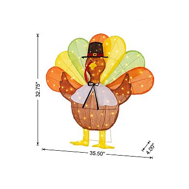 Glitzhome 35.5"L Thanksgiving Lighted Fabric Turkey Outdoor Decor with 100 LED Lights