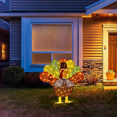 Glitzhome 35.5"L Thanksgiving Lighted Fabric Turkey Outdoor Decor with 100 LED Lights