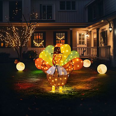 Glitzhome 35.5"L Thanksgiving Lighted Fabric Turkey Outdoor Decor with 100 LED Lights