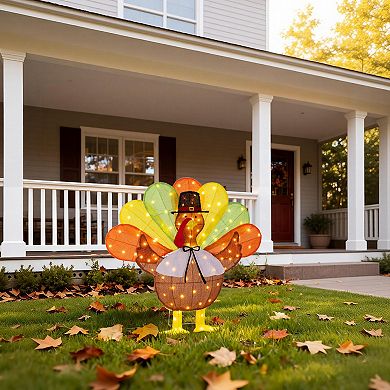 Glitzhome 35.5"L Thanksgiving Lighted Fabric Turkey Outdoor Decor with 100 LED Lights