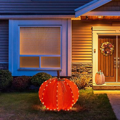 Glitzhome Fall 3D Lighted Foldable Pumpkin Outdoor Decor with Golden Hued LED Lights, w/Timer