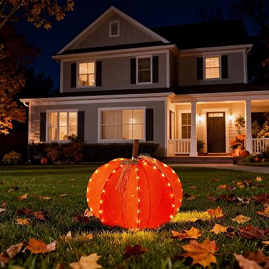 Glitzhome Fall 3D Lighted Foldable Pumpkin Outdoor Decor with Golden Hued LED Lights, w/Timer