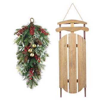 Glitzhome 34.25"H Wood Christmas Sleigh Porch Decor with Floral