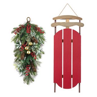 Glitzhome 34.25"H Wood Christmas Sleigh Porch Decor with Floral