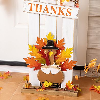 Glitzhome 28"H Thanksgiving Wooden Fence Turkey Porch Decor