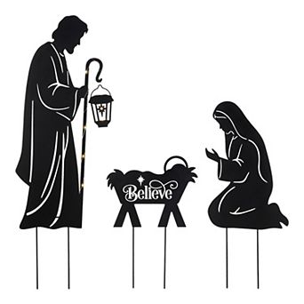 Glitzhome 36"H S/3 Christmas Metal Silhouette Holy Family Yard Stake with Timer