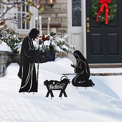Glitzhome 36"H S/3 Christmas Metal Silhouette Holy Family Yard Stake with Timer