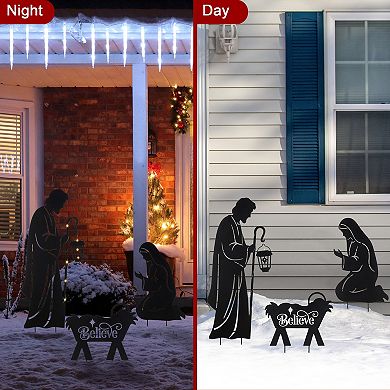 Glitzhome 36"H S/3 Christmas Metal Silhouette Holy Family Yard Stake with Timer