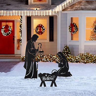 Glitzhome 36"H S/3 Christmas Metal Silhouette Holy Family Yard Stake with Timer