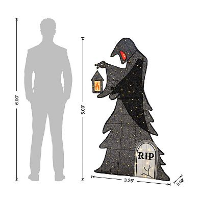 Glitzhome 5FT Lighted Halloween 2D Grim Reaper Outdoor Decor with 160 LEDs