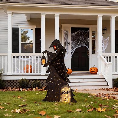 Glitzhome 5FT Lighted Halloween 2D Grim Reaper Outdoor Decor with 160 LEDs