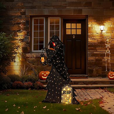 Glitzhome 5FT Lighted Halloween 2D Grim Reaper Outdoor Decor with 160 LEDs