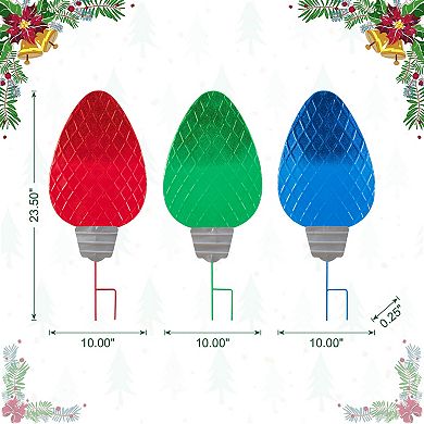 Glitzhome 23.5"H S/3 Christmas Metal Red/Green/Blue Bulbs Yard Stake