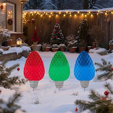 Glitzhome 23.5"H S/3 Christmas Metal Red/Green/Blue Bulbs Yard Stake