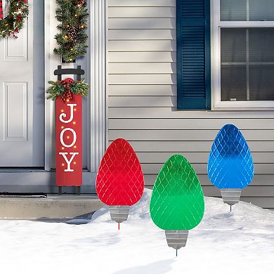 Glitzhome 23.5"H S/3 Christmas Metal Red/Green/Blue Bulbs Yard Stake