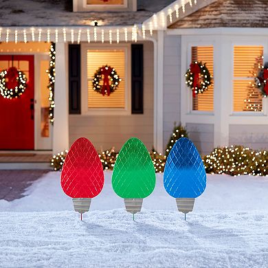 Glitzhome 23.5"H S/3 Christmas Metal Red/Green/Blue Bulbs Yard Stake